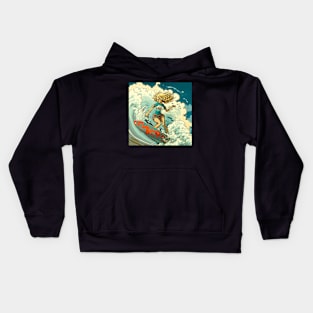 Extreme woman catching a wave on her surf board. Kids Hoodie